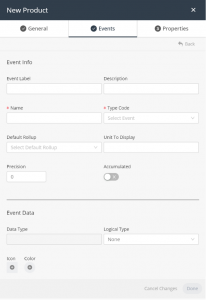 Add product window - events tab